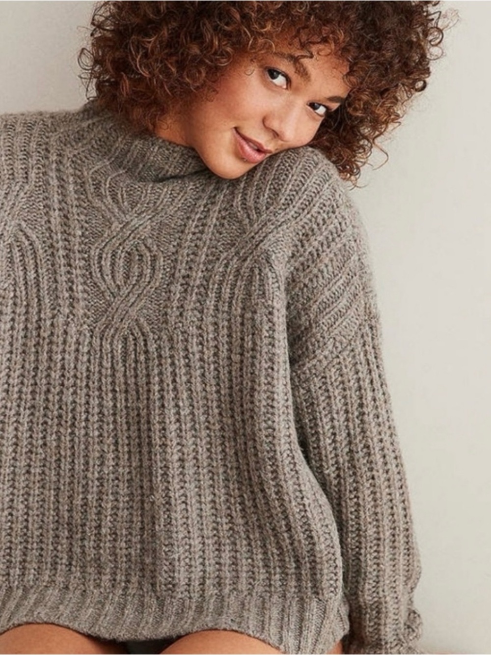 aerie Grey Cable-Knit Mock Neck Sweater